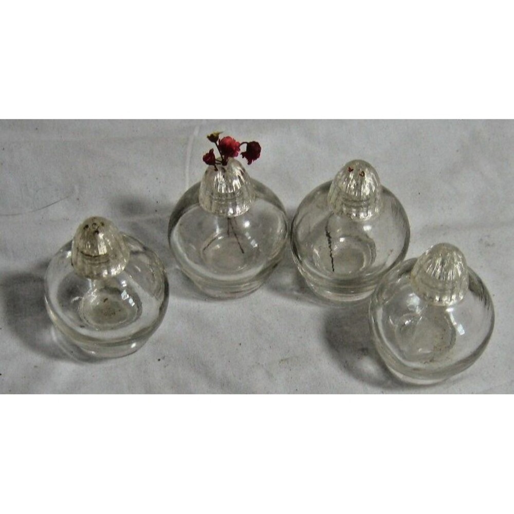Set Of 4 Vintage Cracked Glass Sterling Silver Cover Salt And Pepper Shakers